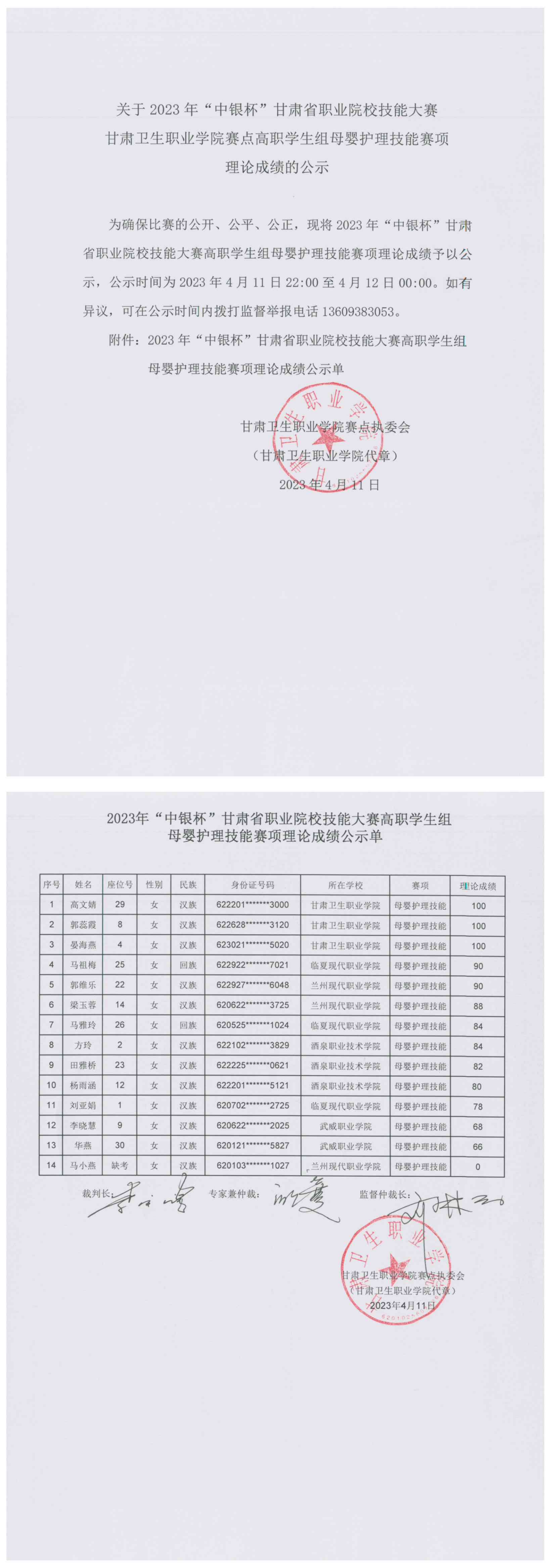 02关于2023年“中银杯”甘肃省职业院校技能大赛金沙9001cc以诚为本首页赛点高职学生组母婴护理技能赛项理论成绩的公示.png